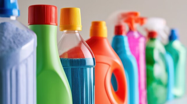 Colorful cleaning bottles line up neatly in a row