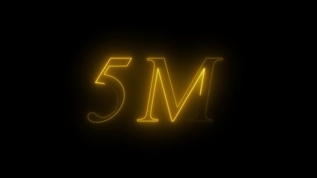 Glowing Gold Neon 5M Text Animation for 5 Million Followers, Subscribers, Views, Milestone Celebration, Social Media Achievement, Financial Growth, and Business Success Isolated on Black Background