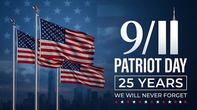 Patriot day commemoration featuring american flags and the 9/11 memorial message we will never forget marking 25 years since tragic events.