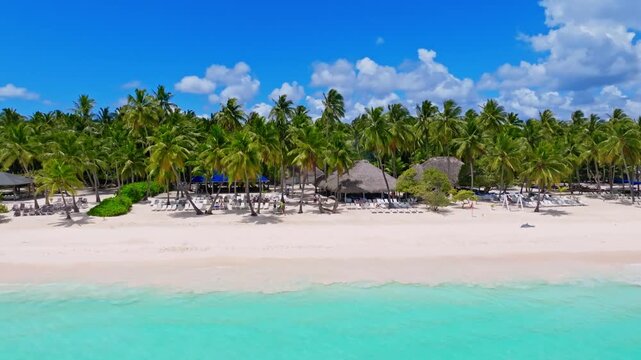 The blue sea of ​​the Caribbean islands and exotic palm trees on a white sand resort beach. Aerial view of the beach with turquoise waters of a warm sea. Paradise island, beautiful white sand beach.