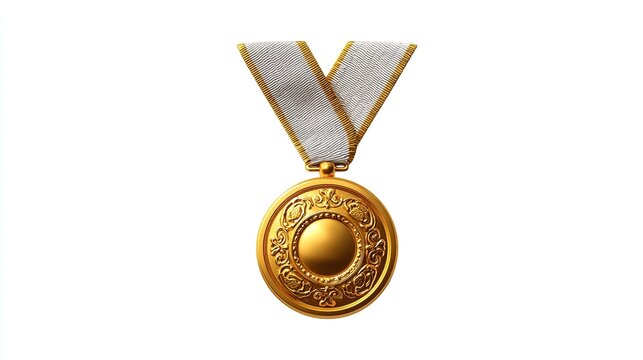 Golden Achievement Award: A prestigious golden medal with a white ribbon and gold trim hangs, symbolizing excellence and recognition for outstanding accomplishment and victory.