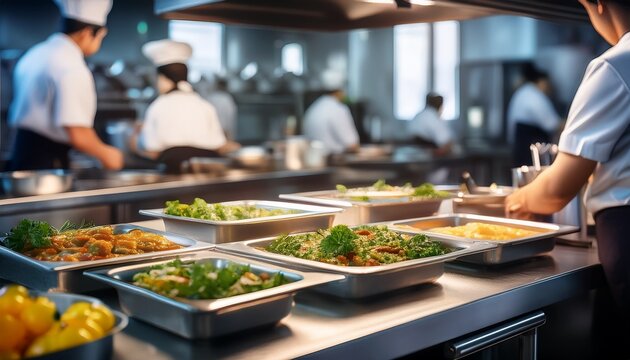 blurred industrial kitchen with staff preparing large scale food service meals