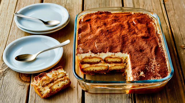A close-up of a dessert possibly a casserole with a slice on a plate and a spoon on a wooden table