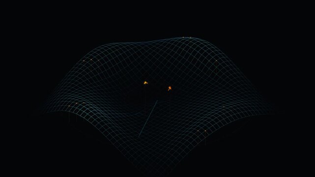 Abstract simulation showing space time fabric distortion caused by massive objects moving across gravitational grid in dark digital universe.
