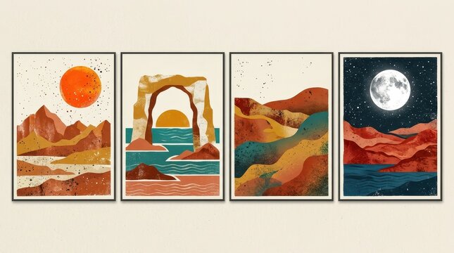 Set of Four Minimalist Abstract Landscape Wall Art Prints Featuring Sun, Moon, Mountains, and Ocean in Boho Style