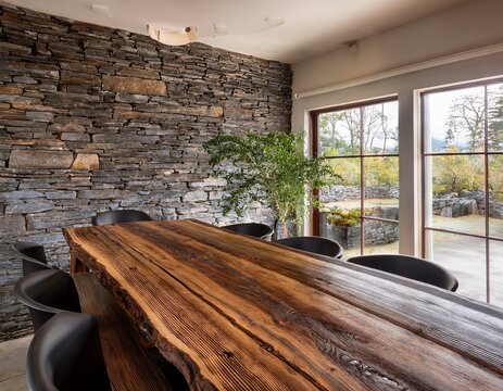 rustic dining area features a substantial live edge wooden table against a fieldstone wall
