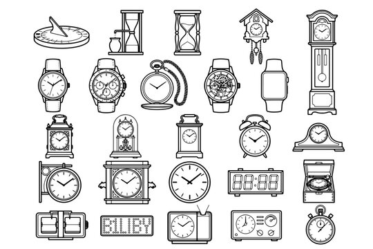 A collection of various clocks and timekeeping devices, including sundials, hourglasses, pocket watches, wristwatches, alarm clocks, and digital displays, all rendered in a clean.