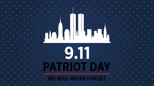 New york city skyline silhouette with twin towers on patriot day, featuring large numbers 9 11 and we will never forget text, symbolizing remembrance and unity.