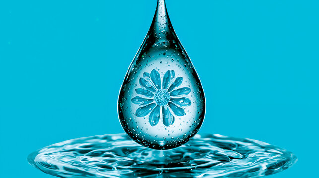 A clear glass teardrop with a flower etched on it sitting on a blue surface