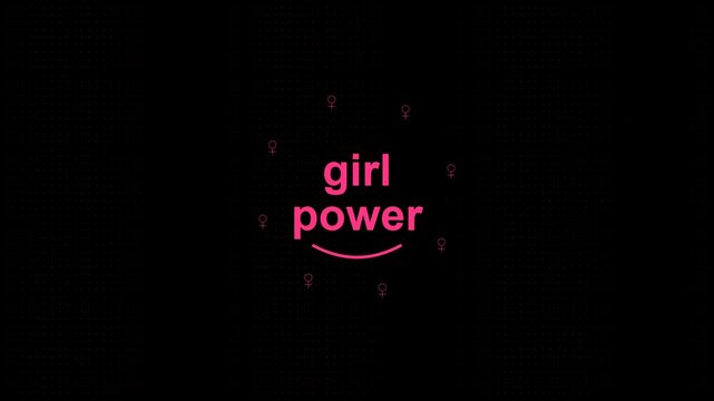 Girl power text with female gender symbols in a circular arrangement on a dark black background