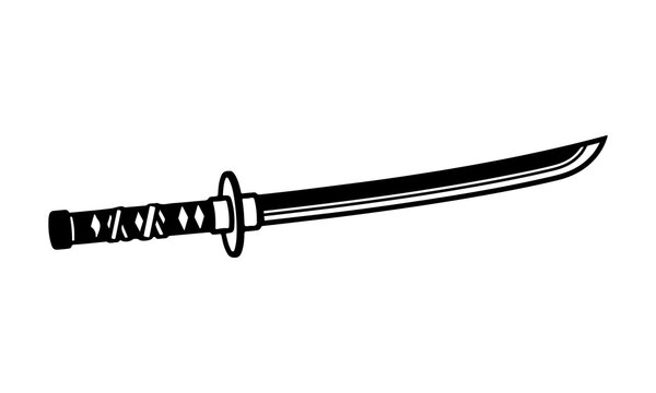 Minimalist black and white vector illustration of a traditional Japanese samurai katana sword isolated on white