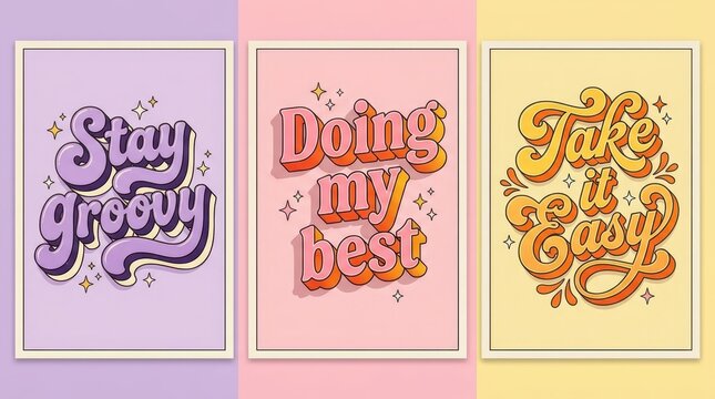 Set of Three Retro Groovy Motivational Posters with Positive Quotes in 70s Bubble Lettering Style