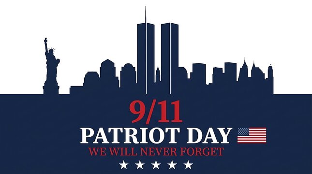 Dark blue background graphic for Patriot Day 9/11 with New York City skyline Statue of Liberty and twin towers and American flag.