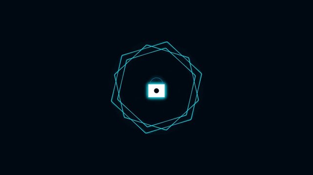Cyber security padlock icon inside rotating neon hexagonal shapes on black background.