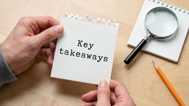 Hands holding a Key Takeaways note on a wooden desk. Business summary and learning concept for corporate training.