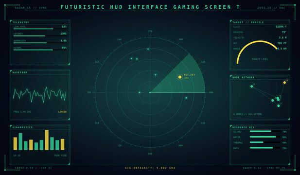 Futuristic hud interface gaming screen with radar and data charts, digital dashboard hologram technology, cyberpunk ui elements for scifi game design