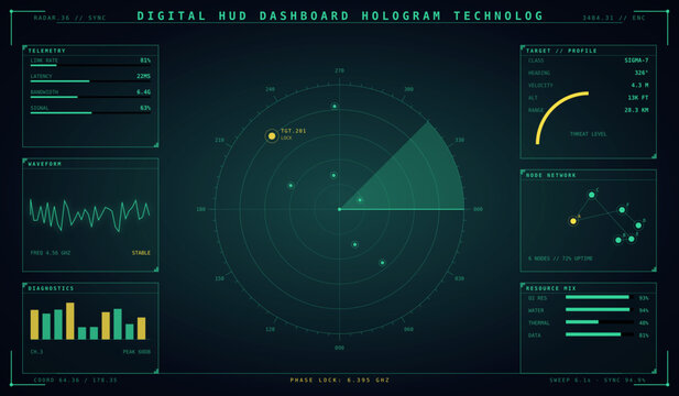 Digital hud dashboard hologram technology with radar and data visualization, futuristic interface screen for scifi gaming and software design