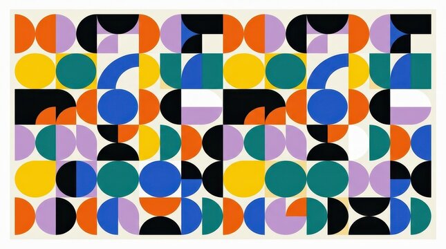 Abstract Geometric Pattern with Colorful Circles and Semicircles in Bauhaus Style for Modern Background Design