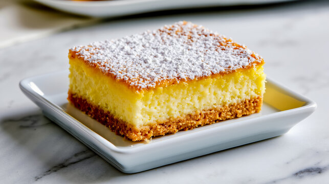 A square piece of cake with a crumbly crust and a creamy filling topped with powdered sugar on a white rectangular plate