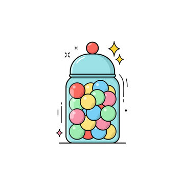 Colorful gumball machine with bright candy spheres and sparkling decorative in a minimalist style for kids