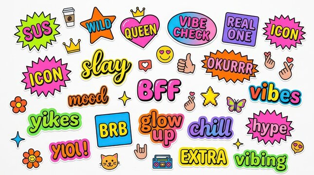 Vibrant Gen Z Slang Sticker Set with Trendy Internet Phrases and Pop Art Icons for Social Media and Digital Design