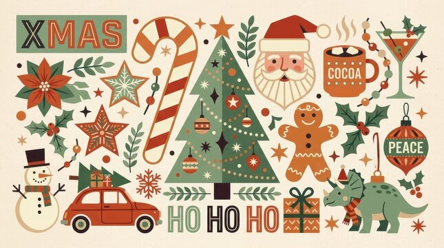 Retro Christmas Illustration Collection with Santa, Snowman, and Festive Icons in Mid-Century Modern Style