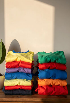 Two stacks of neatly folded colorful t-shirts on a wooden surface with a plant and sunlit wall background, the shirts include shades