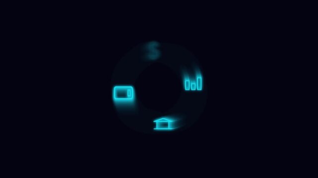 Neon blue financial icons rotate on black background for banking and economy themes.