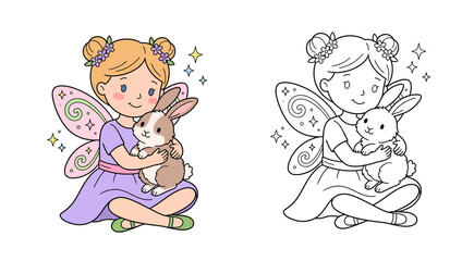 Cute fairy girl hugging a little bunny, isolated vector illustration featuring a colorful fantasy character and a black and white line art coloring page version for kids.