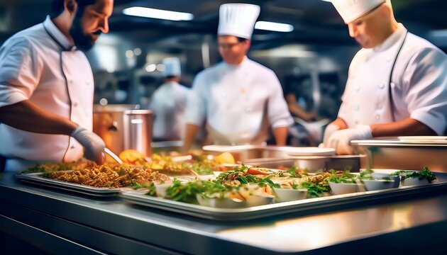 blurred catering employees working together in a high capacity meal production kitchen