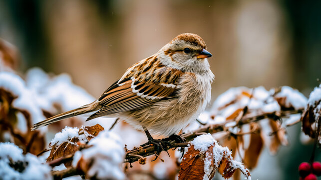 A small bird with brown and white feathers perched on a branch with snow on it
