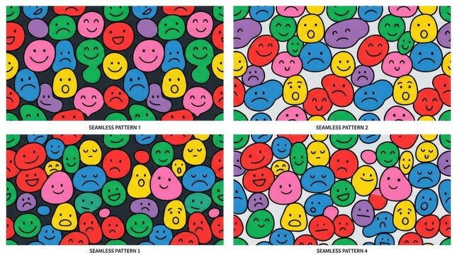Set of four seamless patterns with colorful cartoon blob faces showing various emotions on dark and light backgrounds.