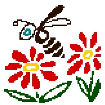 Pixel art bee and red flowers. Retro 8-bit style vector illustration of an insect flying over blossom isolated on white