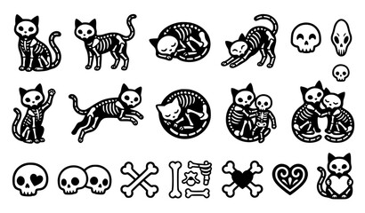 Naklejka premium Cute Halloween Skeleton Cat and Skull Doodle Vector Icon Set for Spooky Craft Projects Stickers and Pattern Designs