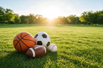 Naklejka premium Various Sports Balls Resting on a Green Grass Field During a Sunny Summer Afternoon