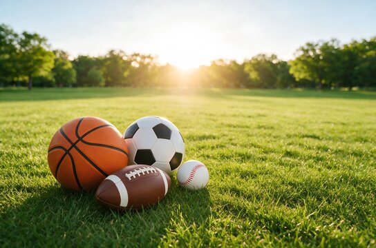 Various Sports Balls Resting on a Green Grass Field During a Sunny Summer Afternoon