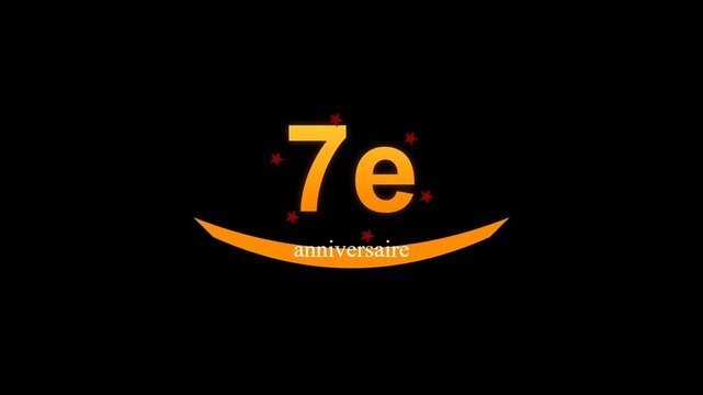 Orange 7th anniversary text logo with small red stars on a black background for a festive celebration design