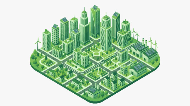 Minimalist Isometric of Eco Friendly Cityscape with Green Buildings Solar Panels and Wind Turbines