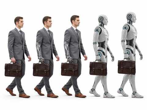 Evolution of a businessman into a robot holding a briefcase isolated on white background