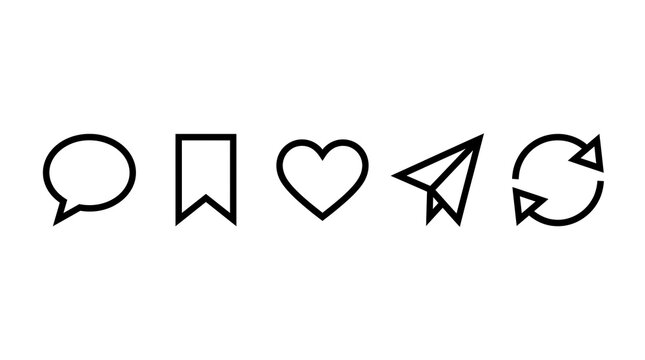 Set of social media interaction icons, including comment, save, like, share, and repost symbols, simple outline style vector illustration