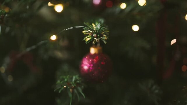 Festive holiday pine tree branch adorned with matte red ball decorations and shimmering warm fairy lights in the background.