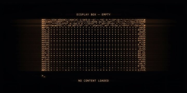 Retro amber monochrome computer terminal display box interface featuring glowing ASCII text characters grid and empty notification message for coding background.