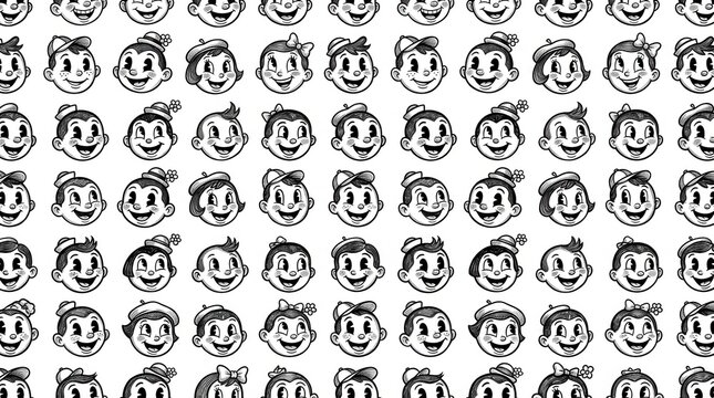 Vintage Retro Cartoon Character Pattern with Smiling Boy and Girl Faces in Classic 1930s Rubber Hose Animation Style