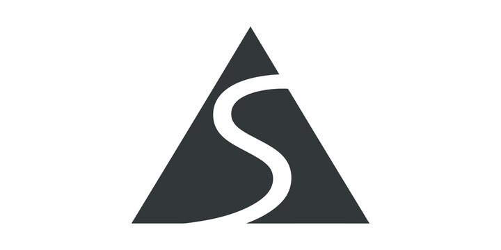 Letter s inside triangle shape logo on transparent gray grid background.
