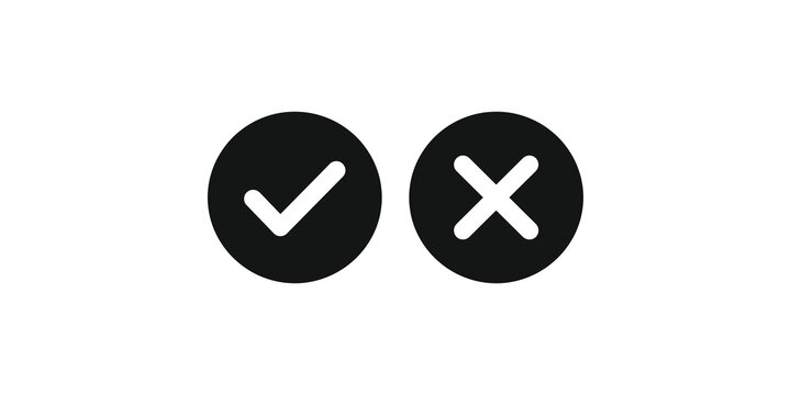 Black circle check mark and cross icons set for approval or rejection.