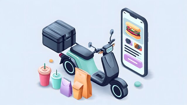 isometric 3d illustration of food delivery scooter with smartphone ordering app takeaway packaging and drinks