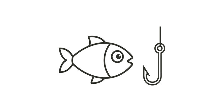 Fish and hook thin line icon for fishing sport and marine wildlife art.