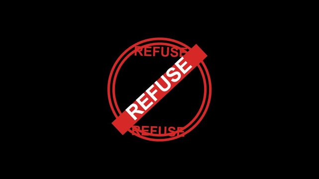 Red refuse rubber stamp sign with a circular frame and diagonal line on a dark background showing a business concept of denial or rejection for documents and applications