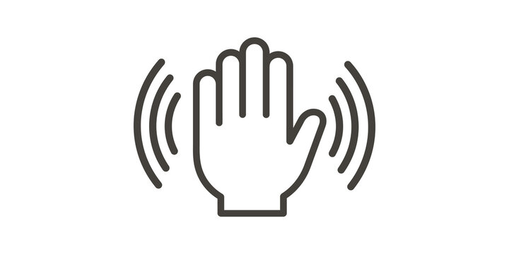 Hand waving icon with signal lines representing connection communication.