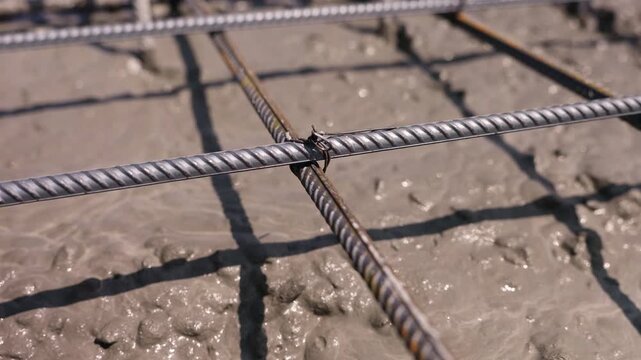 Tied steel reinforcement bars over fresh concrete slab
